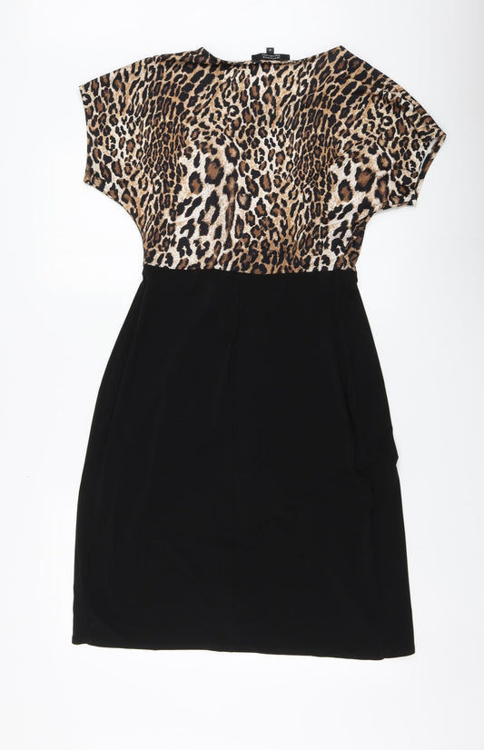 JD Wiliams Womens Black Animal Print Polyester A-Line Size 10 Round Neck