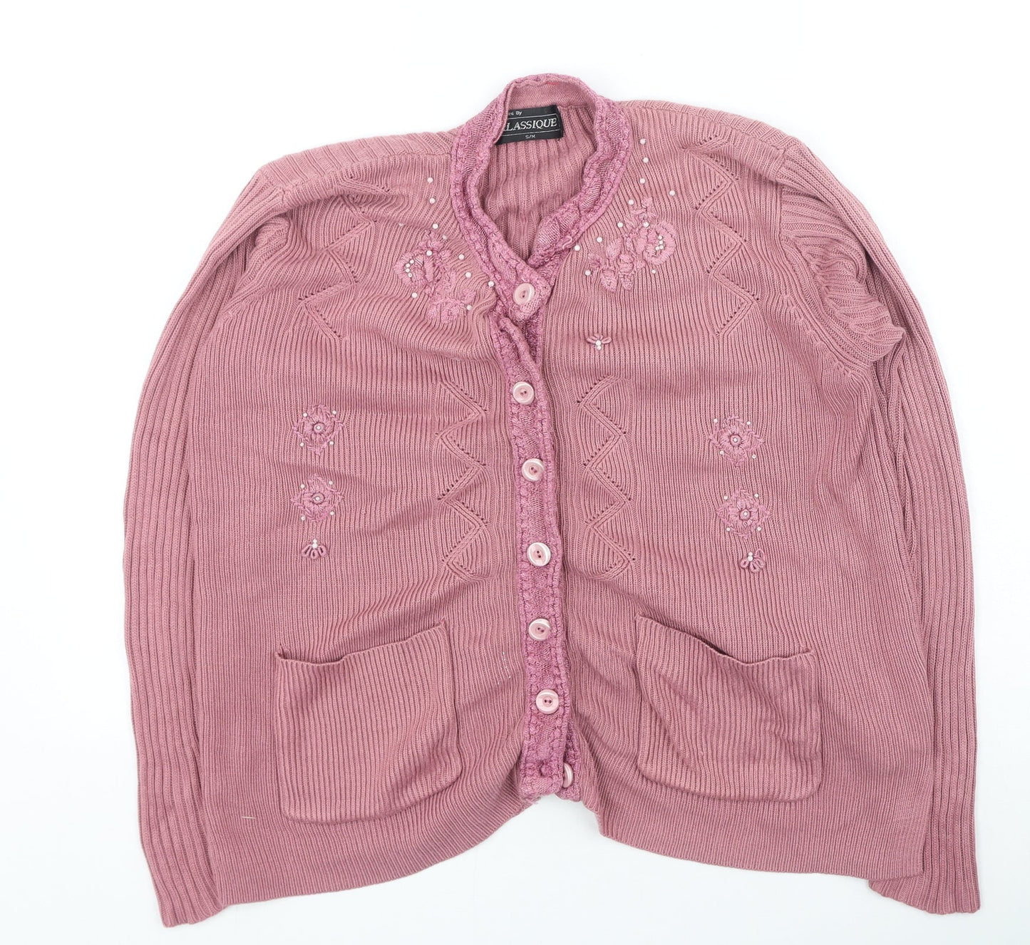 klassique Womens Pink Round Neck Acrylic Cardigan Jumper Size S