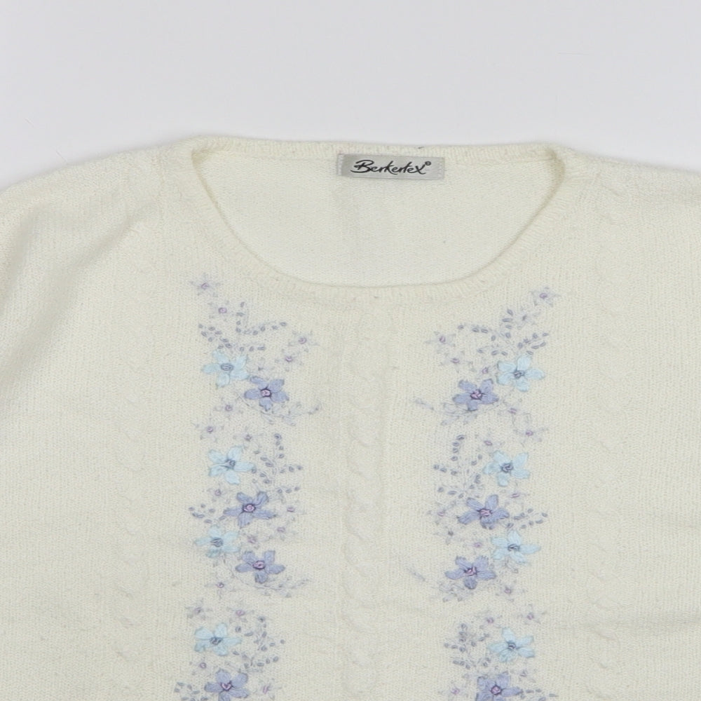 Berkertex Womens White Round Neck Floral Acrylic Pullover Jumper Size 14