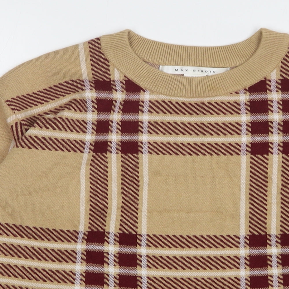 Max Studio Womens Beige Round Neck Plaid Viscose Pullover Jumper Size S