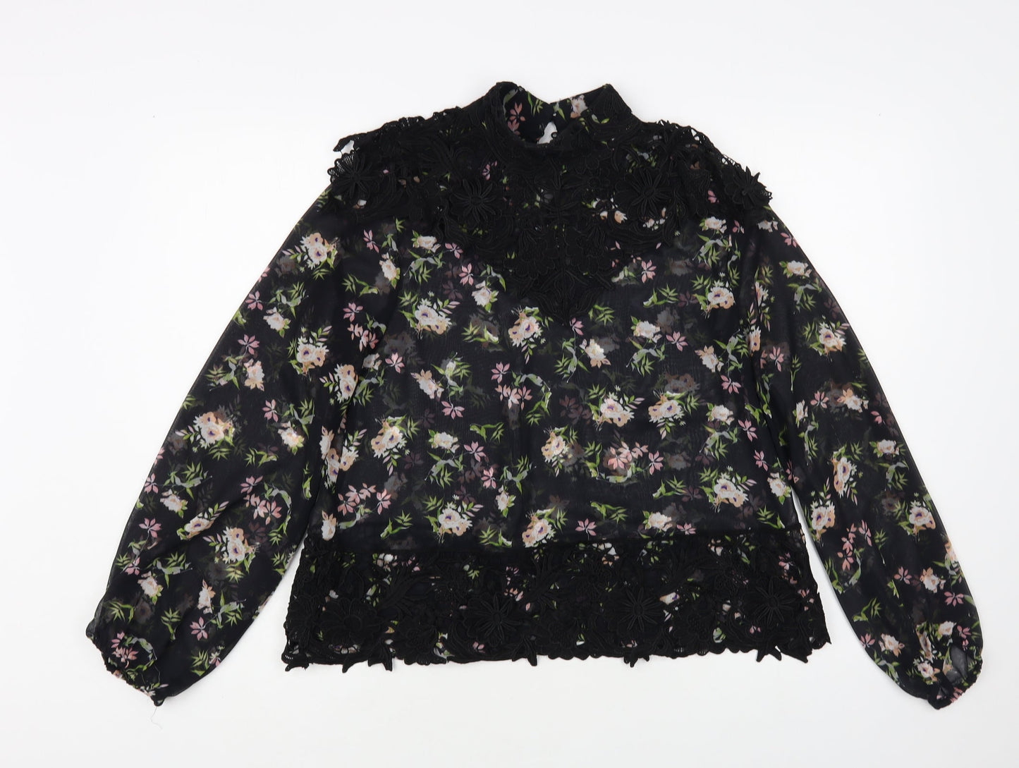 Zara Womens Black Floral Polyester Basic Blouse Size XS Mock Neck - Lace Detail