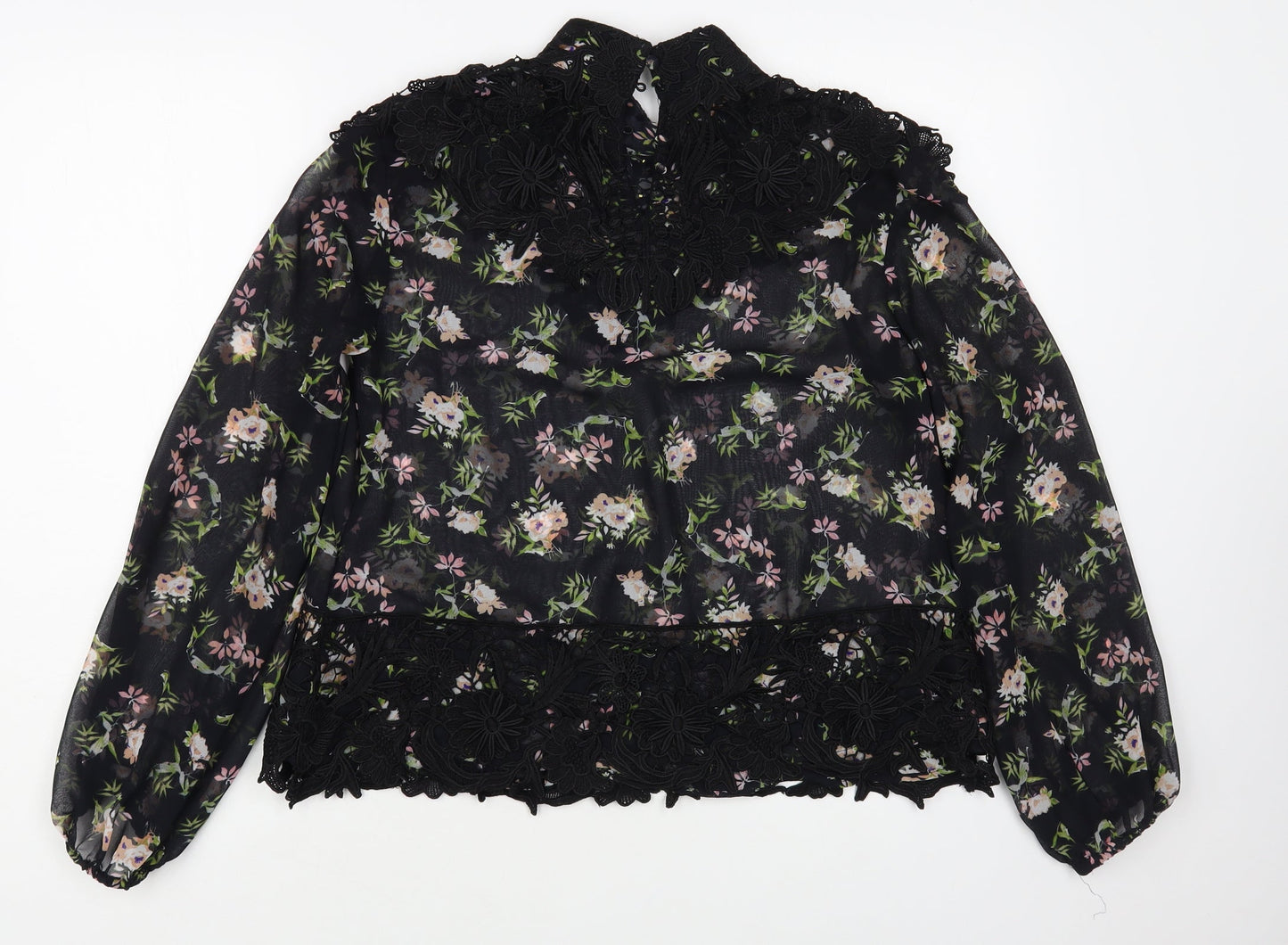 Zara Womens Black Floral Polyester Basic Blouse Size XS Mock Neck - Lace Detail