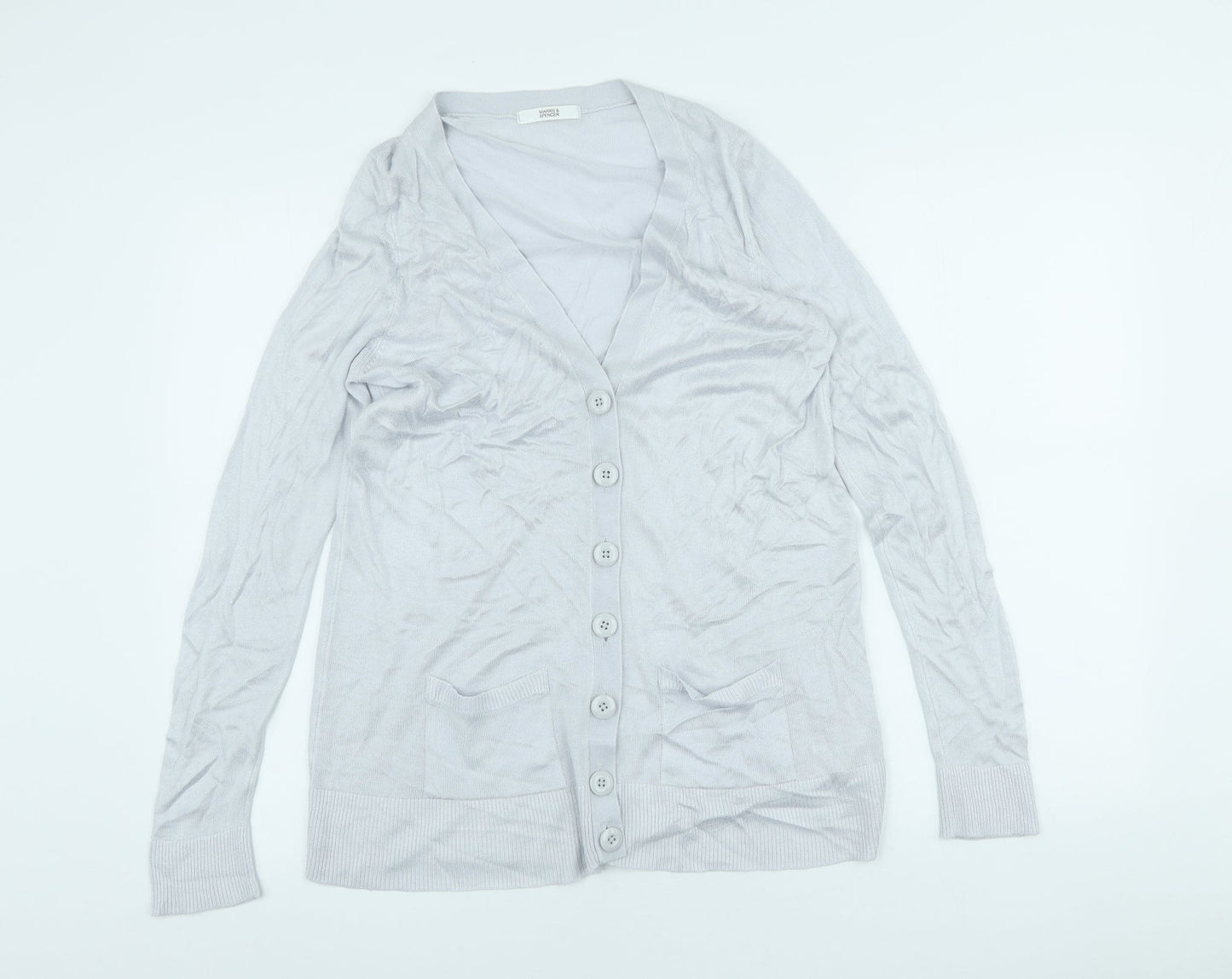 Marks and Spencer Womens Grey V-Neck Acrylic Cardigan Jumper Size 14