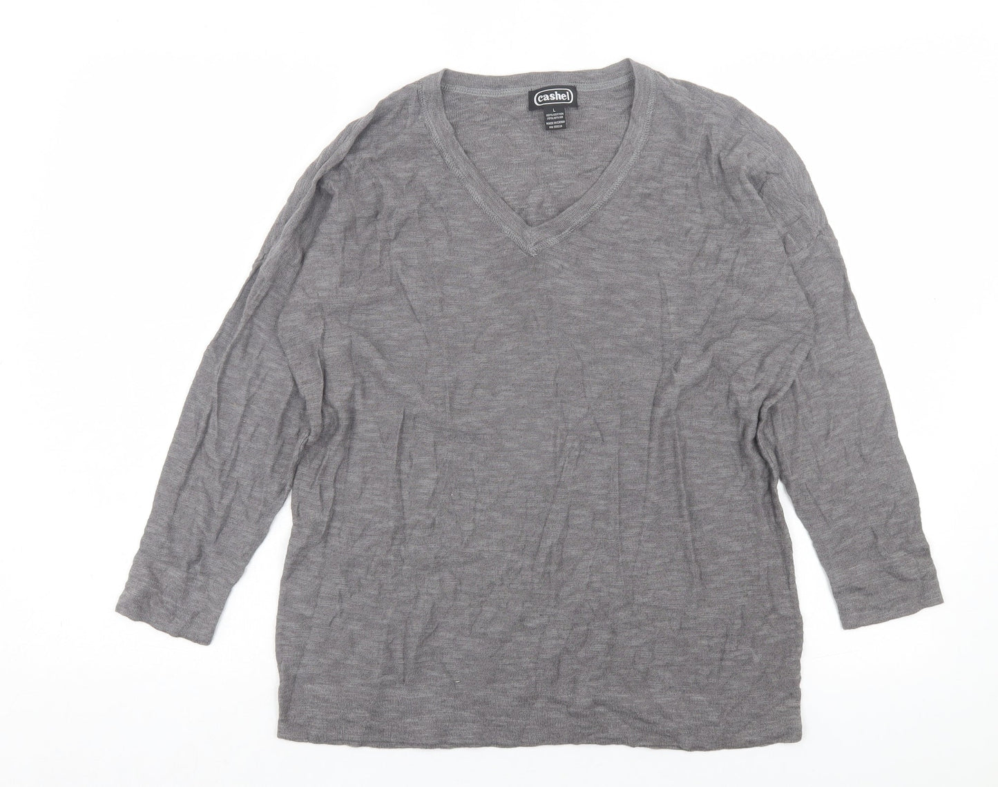 Cashel Womens Grey V-Neck Cotton Pullover Jumper Size L