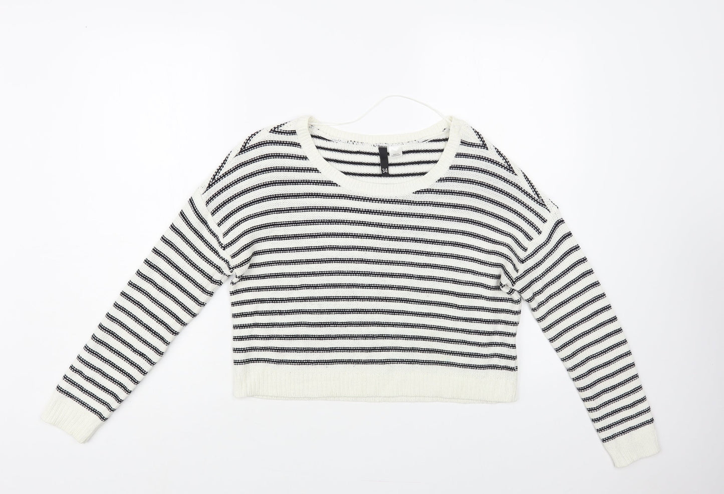 H&M Womens White Boat Neck Striped Acrylic Pullover Jumper Size 6