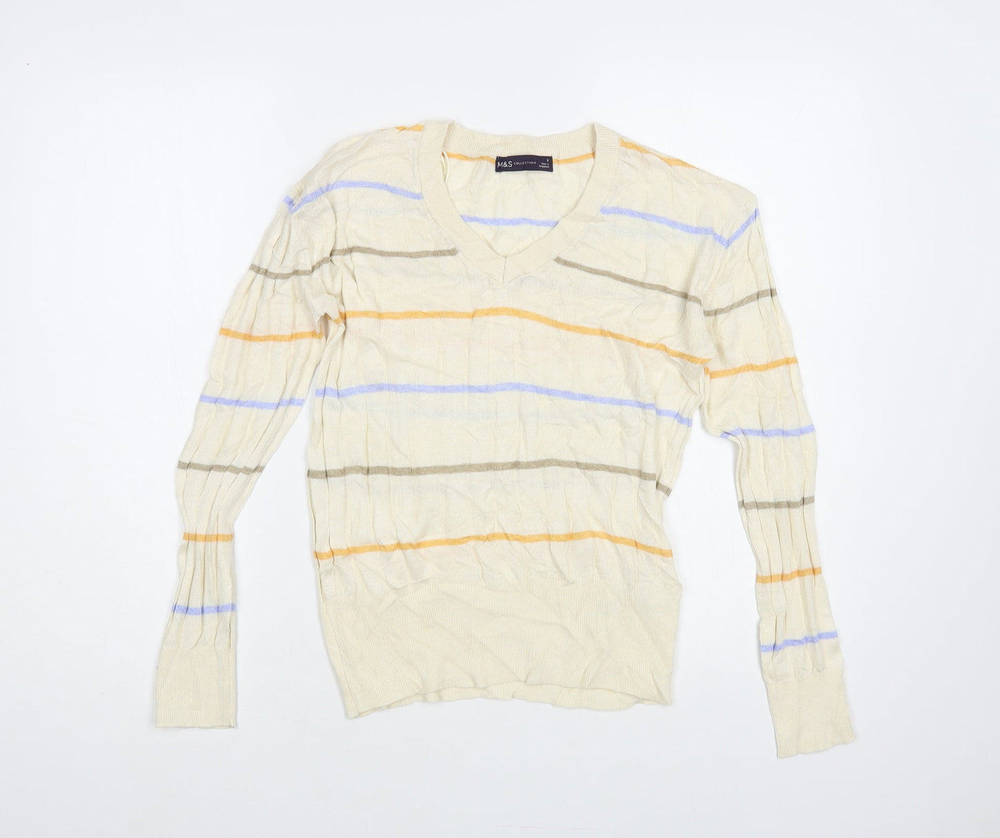 Marks and Spencer Womens Ivory V-Neck Striped Viscose Pullover Jumper Size S