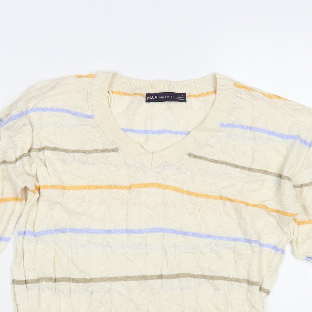 Marks and Spencer Womens Ivory V-Neck Striped Viscose Pullover Jumper Size S