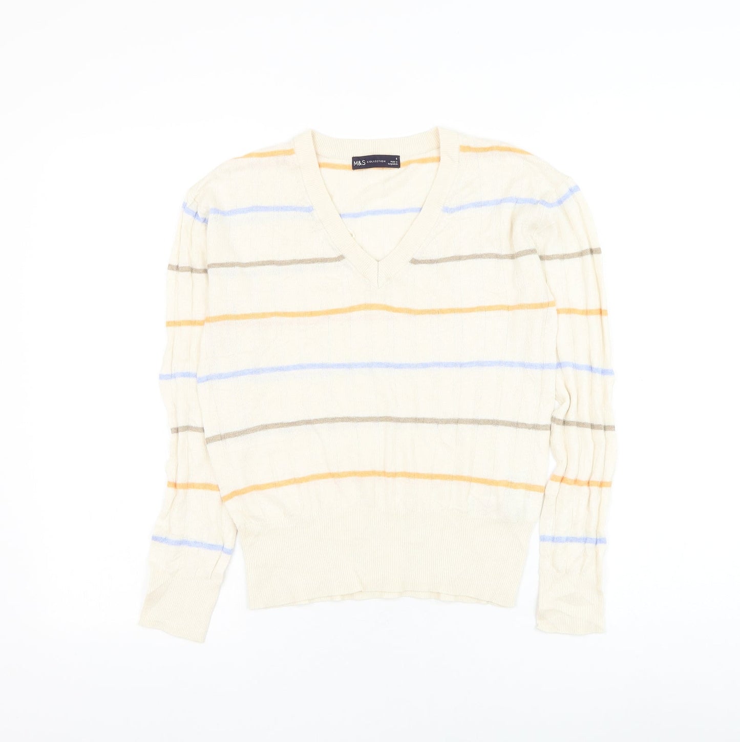 Marks and Spencer Womens Ivory V-Neck Striped Viscose Pullover Jumper Size S