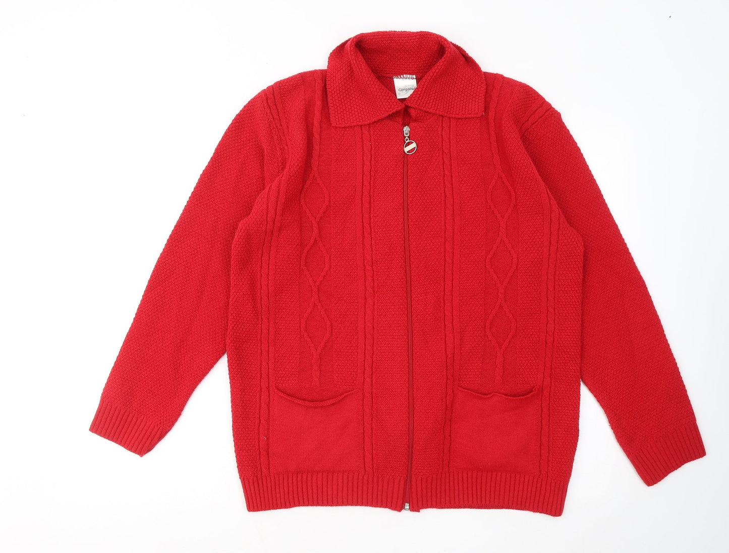 Gorgeous Womens Red Collared Acrylic Full Zip Jumper Size L