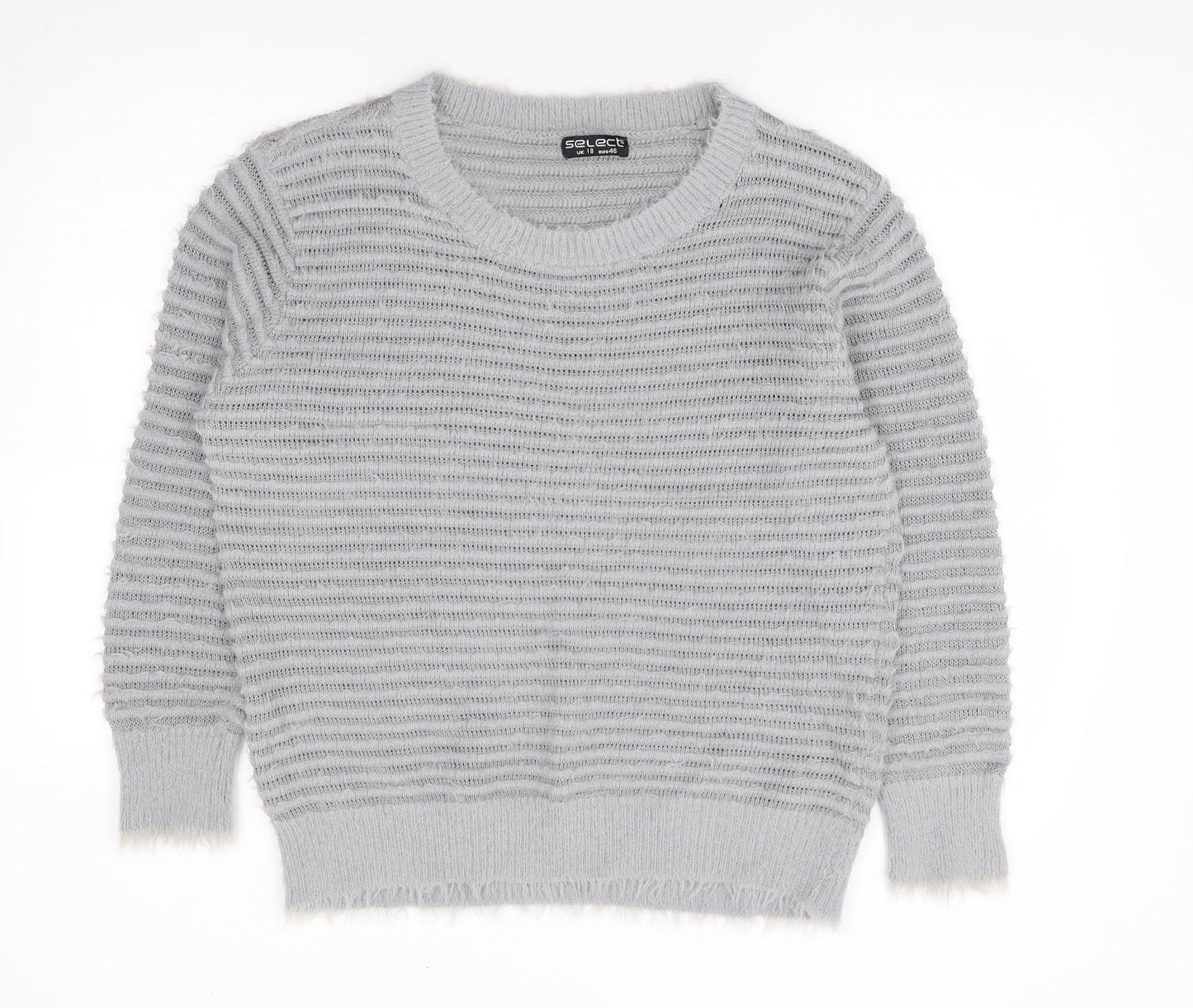 Select Womens Grey Round Neck Striped Nylon Pullover Jumper Size 18