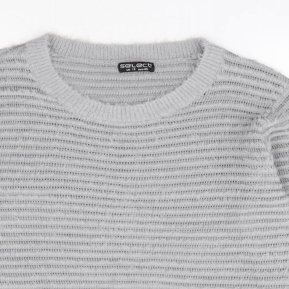 Select Womens Grey Round Neck Striped Nylon Pullover Jumper Size 18