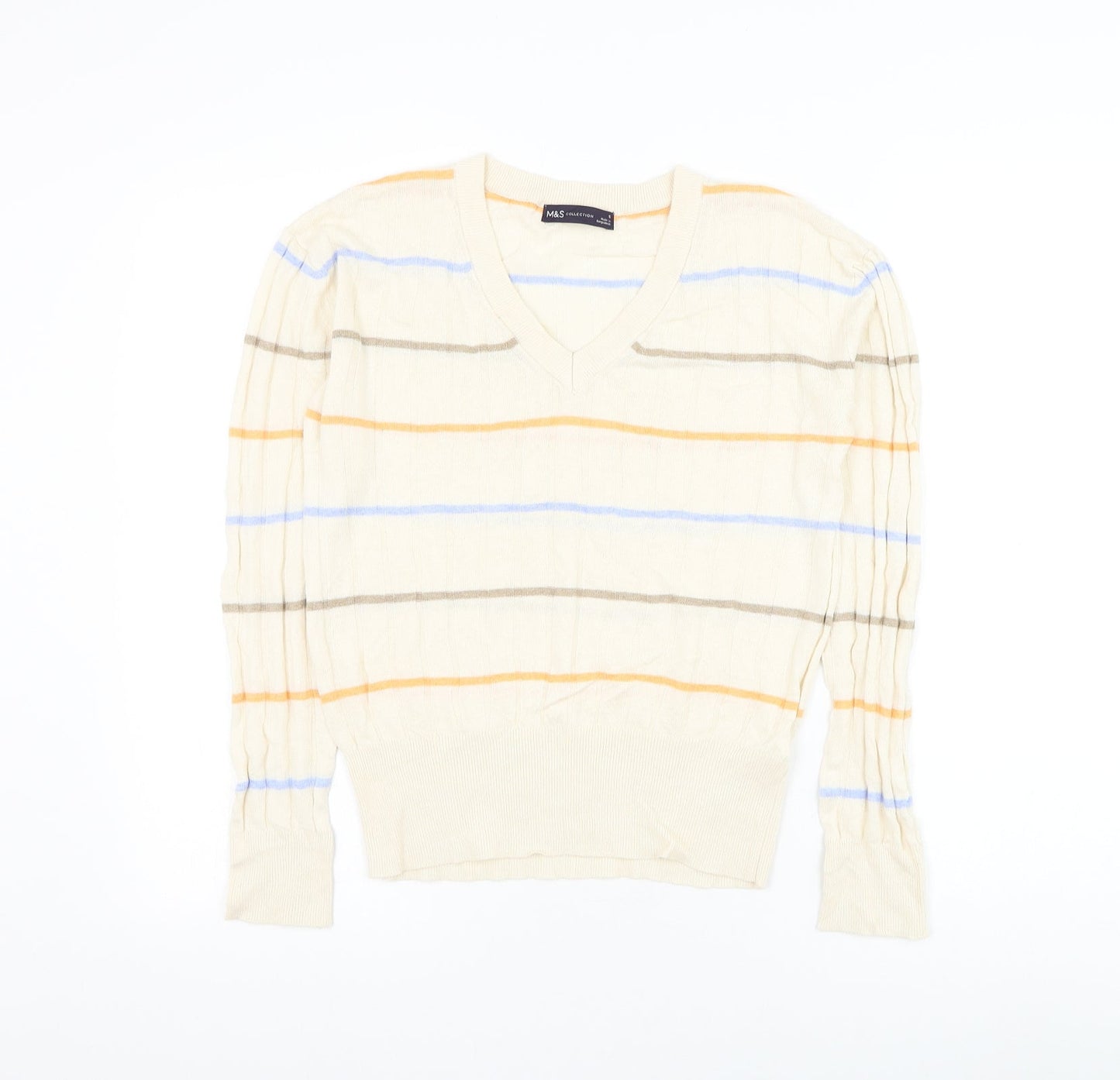 Marks and Spencer Womens Beige V-Neck Striped Viscose Pullover Jumper Size S