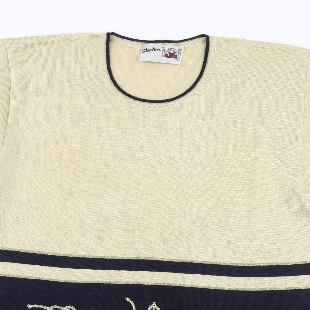Stephen Womens Beige Striped Viscose Basic T-Shirt Size S Round Neck