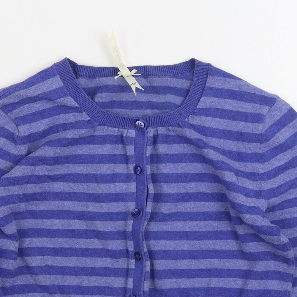 Debenhams Womens Blue Round Neck Striped Cotton Cardigan Jumper Size 10