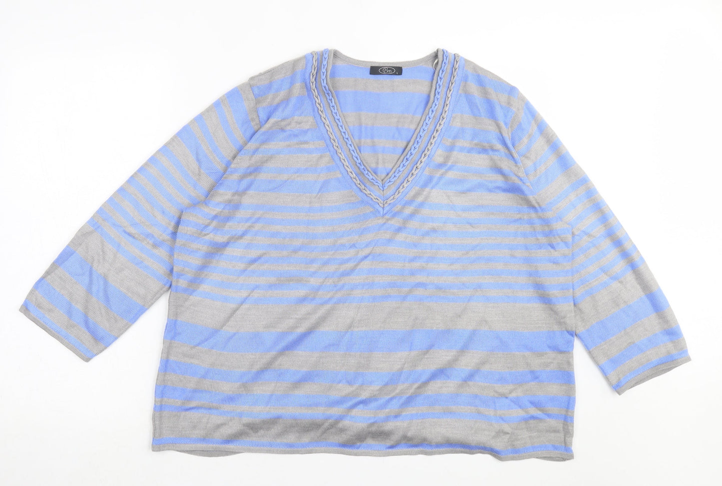 bonmarch Womens Blue V-Neck Striped Acrylic Pullover Jumper Size L