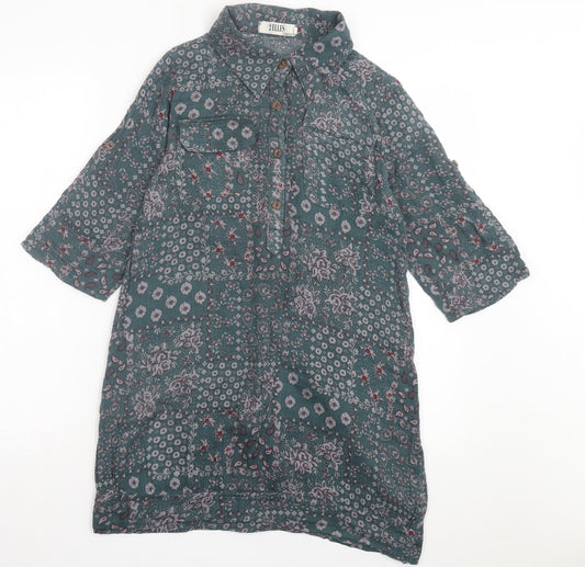 2 Elles Womens Green Floral Polyester A-Line Size M Collared Button