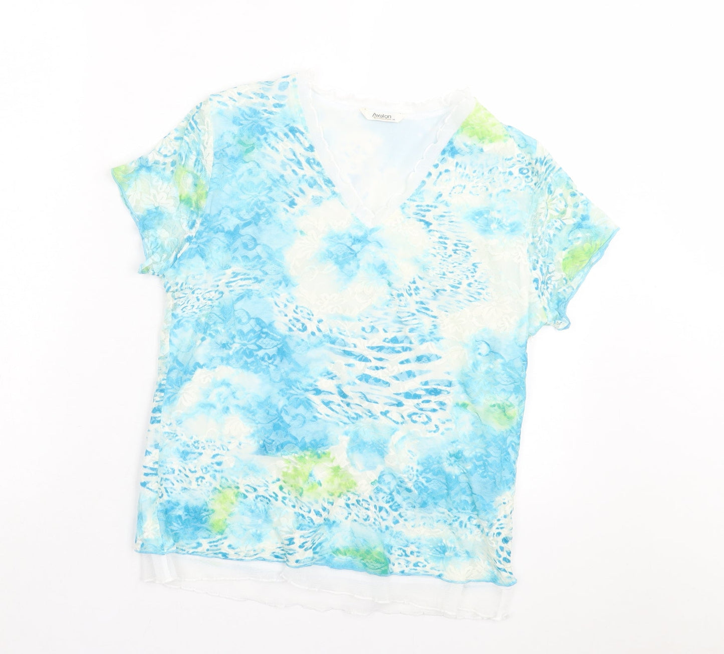 Avalon Womens Blue Geometric Nylon Basic T-Shirt Size 14 V-Neck
