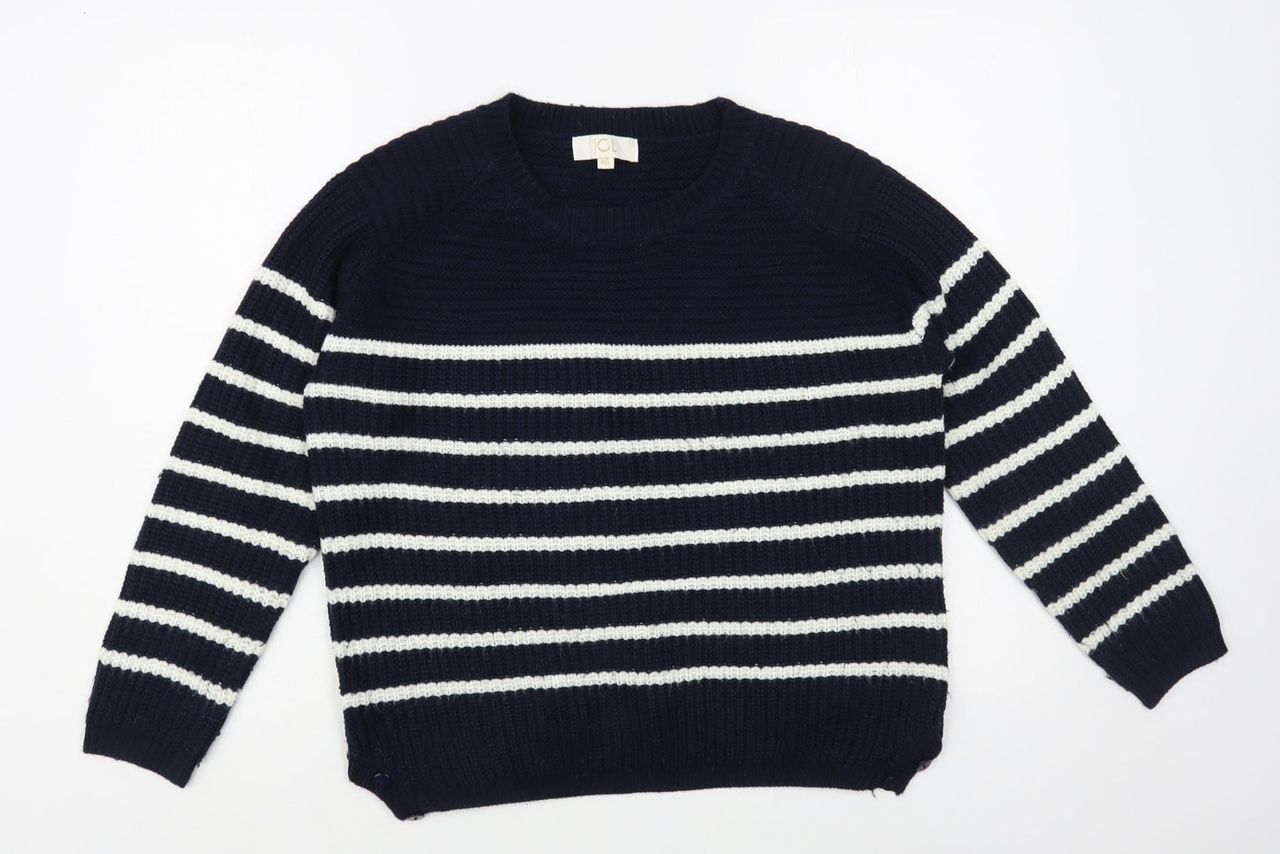 JCL Womens Blue Crew Neck Striped Acrylic Pullover Jumper Size M