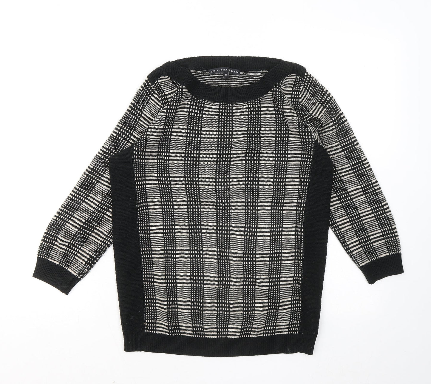 Betty Jackson Black Womens Black Round Neck Plaid Acrylic Pullover Jumper Size 8
