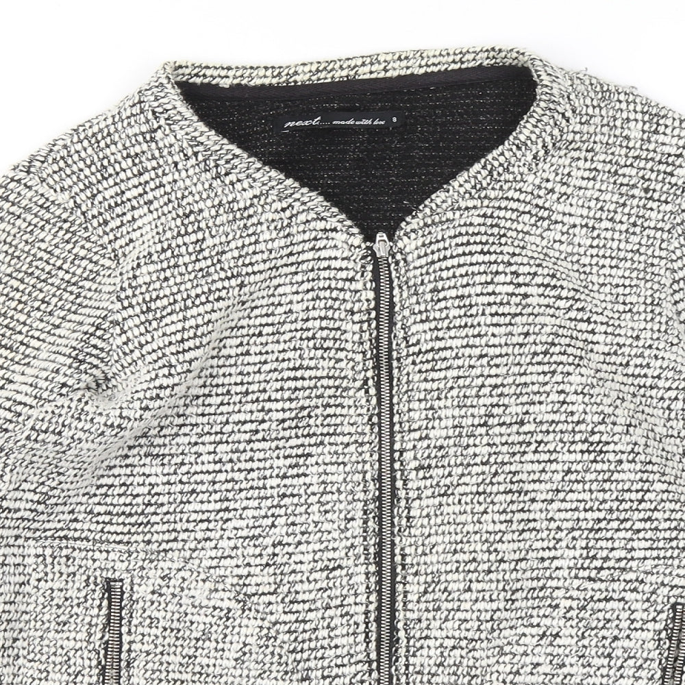 NEXT Womens White V-Neck Geometric Polyester Full Zip Jumper Size 8