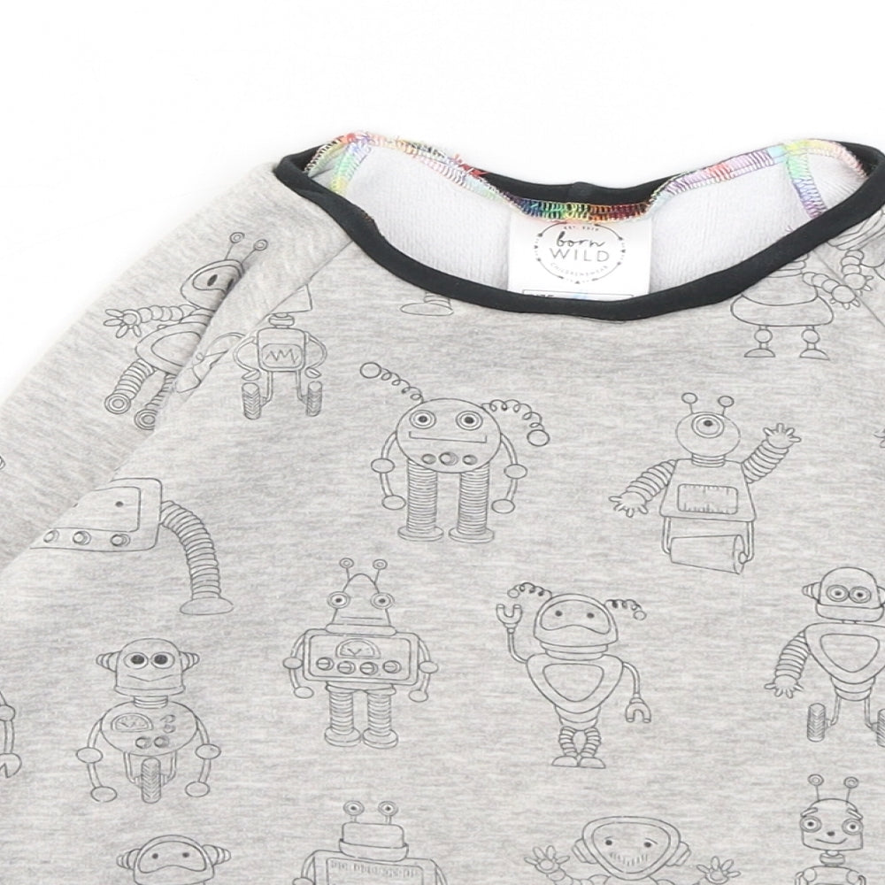 born wild Boys Grey Geometric Cotton Pullover Sweatshirt Size 4 Years - Robots
