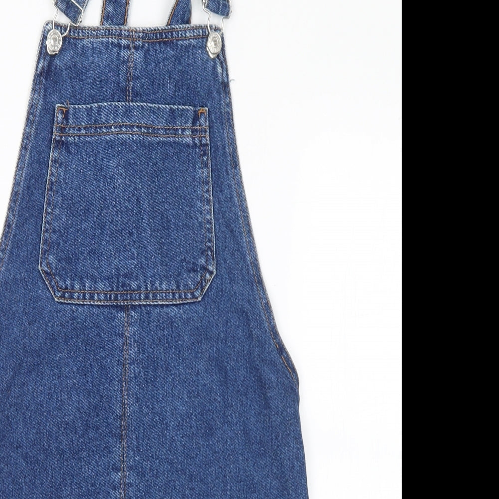 Topshop Womens Blue Cotton Pinafore/Dungaree Dress Size 6 Square Neck