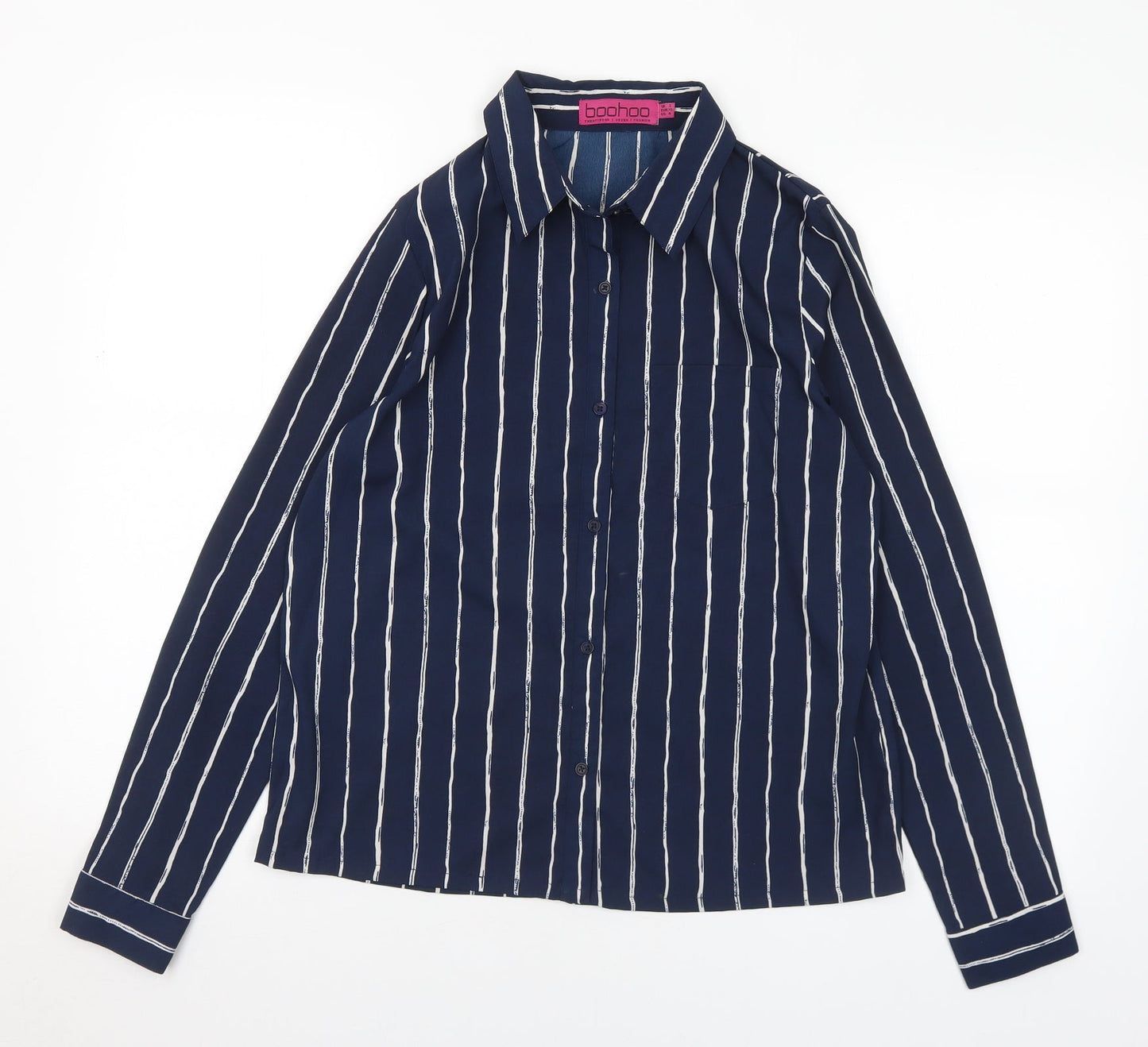Boohoo Womens Blue Striped Polyester Basic Blouse Size 8 Collared
