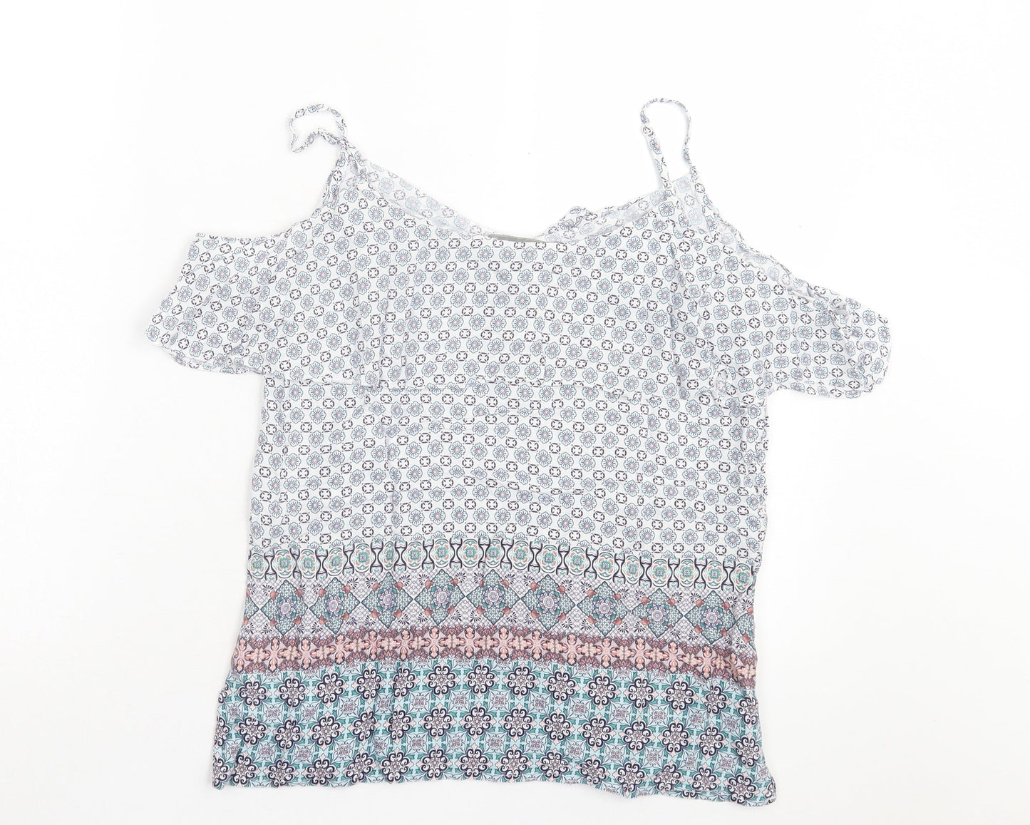 Oasis Womens Multicoloured Geometric Viscose Basic T-Shirt Size 10 Scoop Neck
