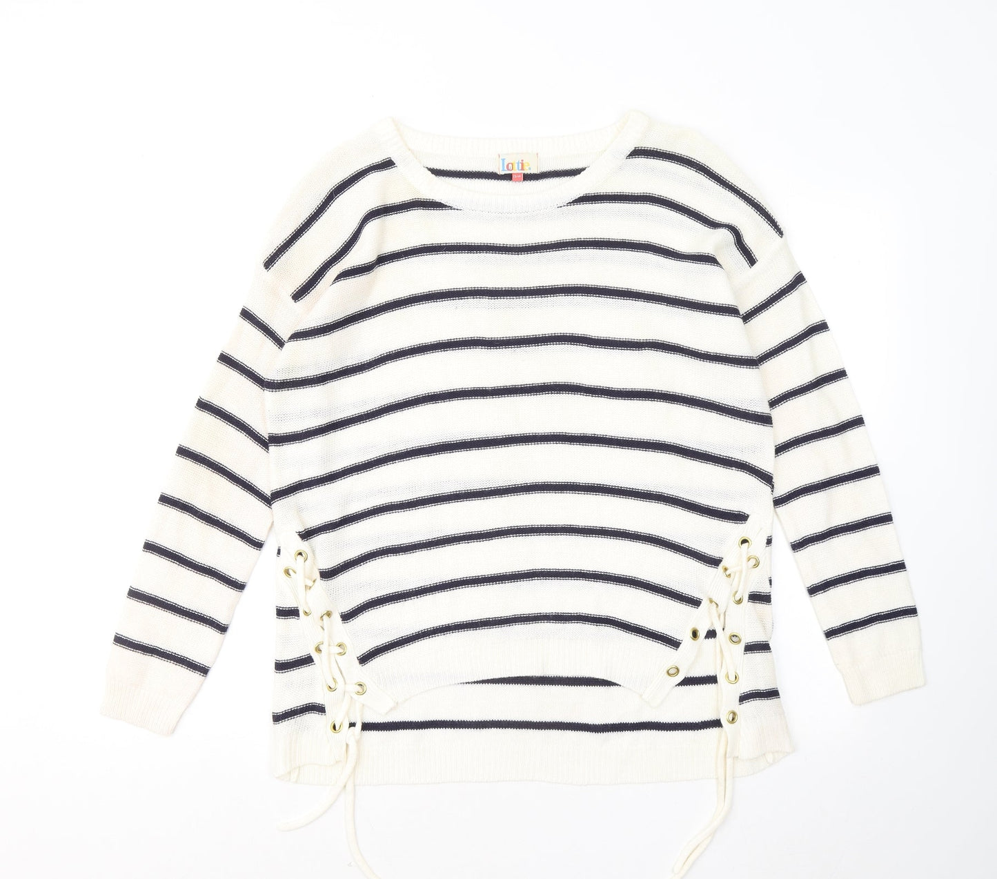 Lottie Womens White Round Neck Striped Acrylic Pullover Jumper Size 12