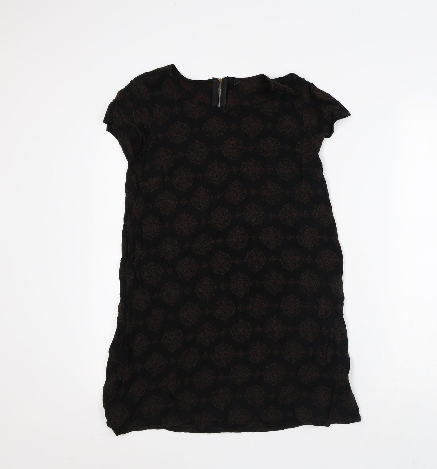 Preworn Womens Black Geometric Polyester Tunic T-Shirt Size M Round Neck