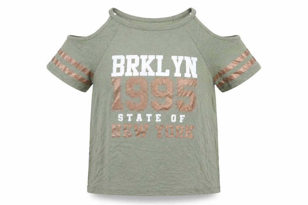 New Look Girls Green Viscose Jersey T-Shirt Size 9 Years Round Neck Pullover - Cold Shoulder