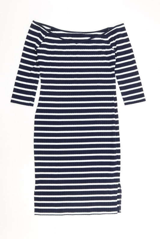 V By Very Womens Blue Striped Polyester Bodycon Size 12 Off the Shoulder Pullover