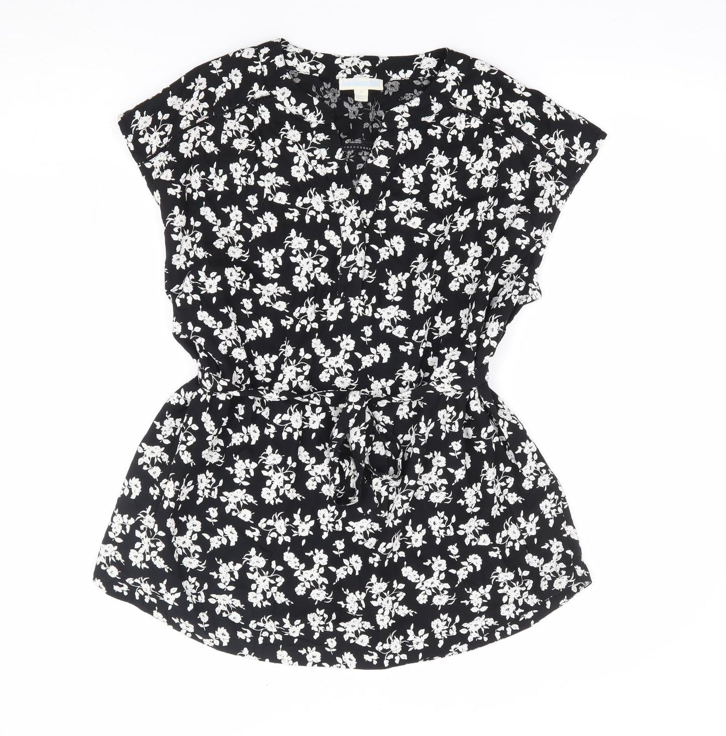 JoJo Maman Bébé Womens Black Floral Viscose Jersey Blouse Size M V-Neck