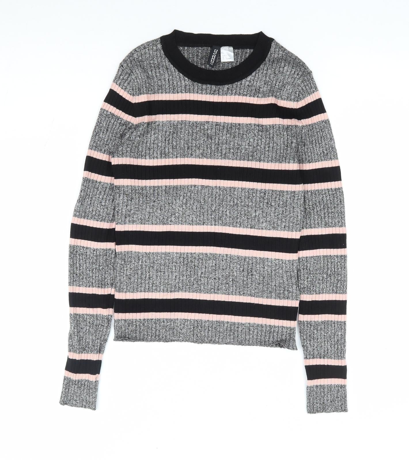 H&M Womens Grey Round Neck Striped Viscose Pullover Jumper Size S