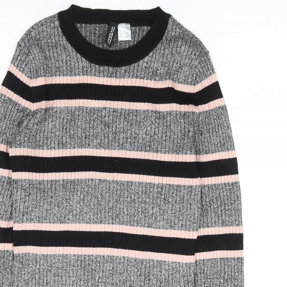 H&M Womens Grey Round Neck Striped Viscose Pullover Jumper Size S