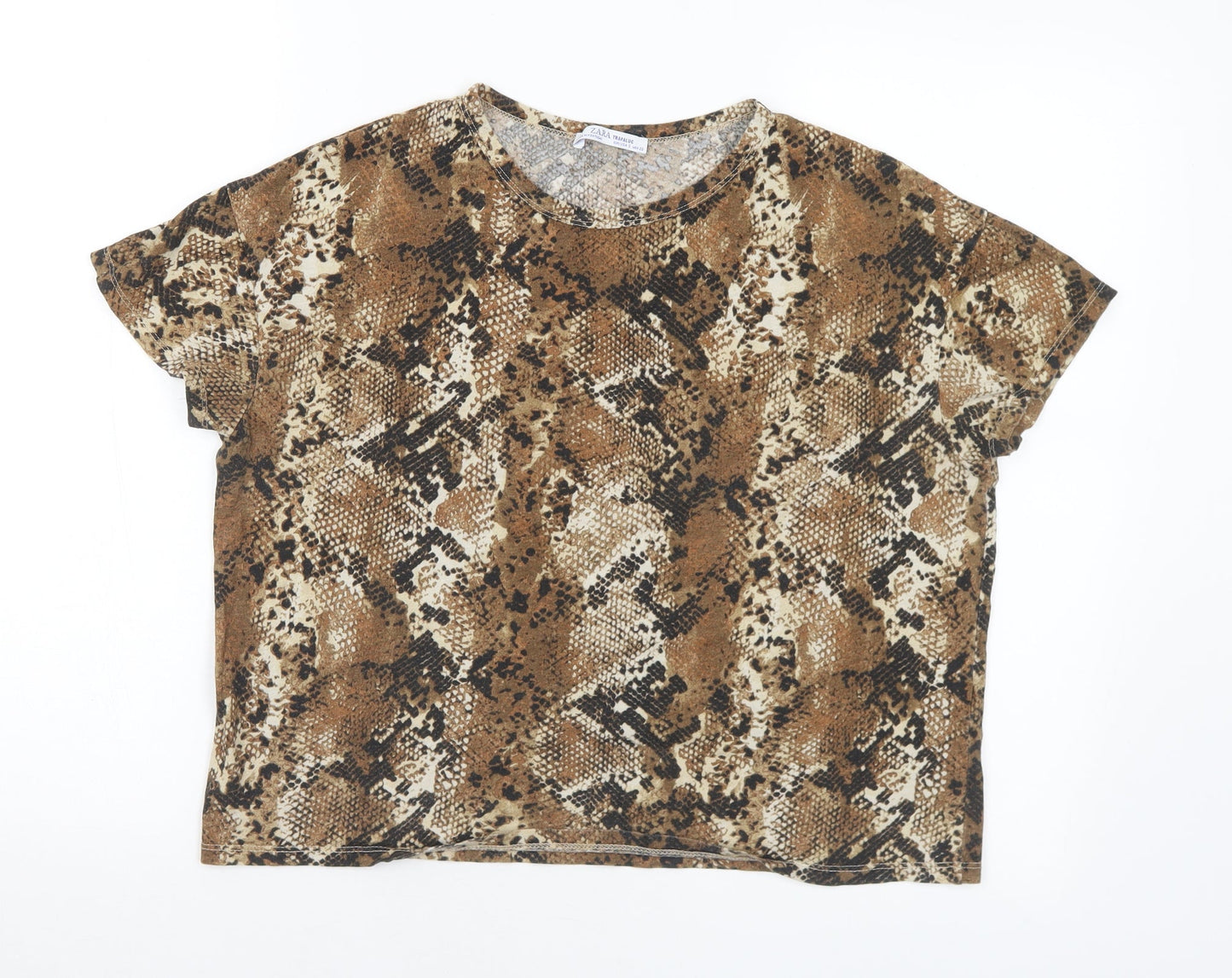 Zara Womens Brown Animal Print Polyester Basic T-Shirt Size S Round Neck