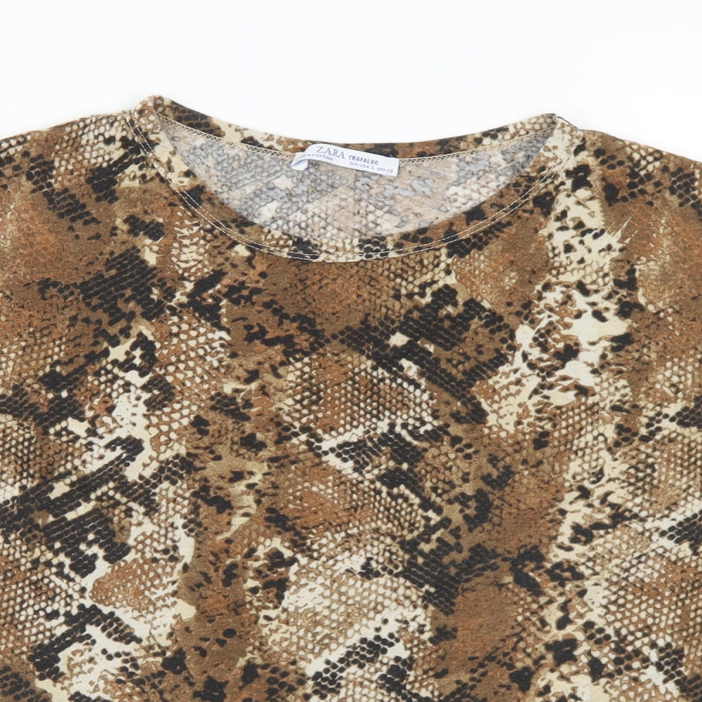 Zara Womens Brown Animal Print Polyester Basic T-Shirt Size S Round Neck