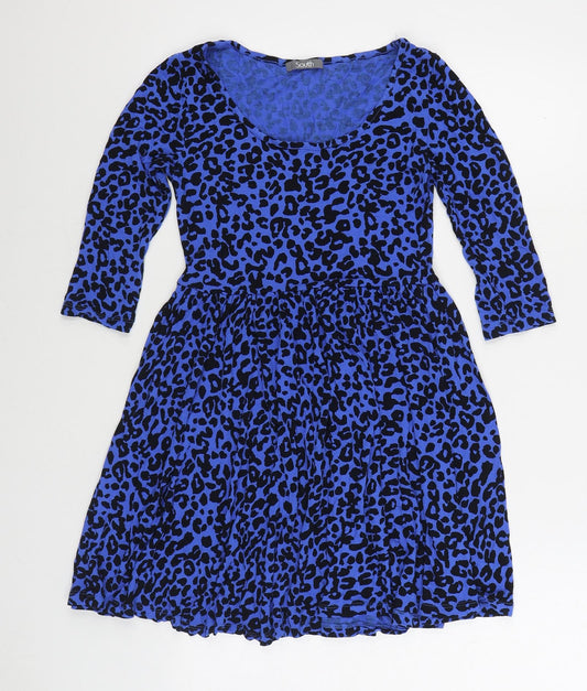 South Womens Blue Animal Print Viscose Skater Dress Size 10 Scoop Neck Pullover