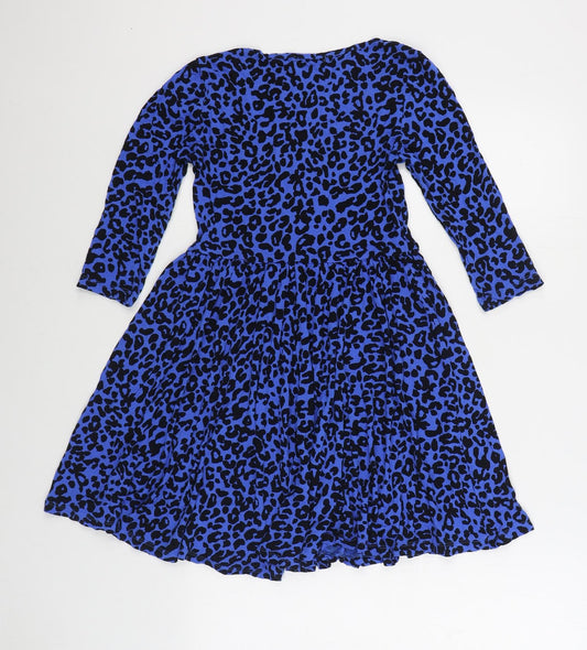 South Womens Blue Animal Print Viscose Skater Dress Size 10 Scoop Neck Pullover