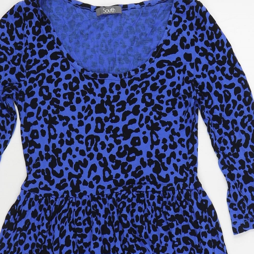 South Womens Blue Animal Print Viscose Skater Dress Size 10 Scoop Neck Pullover