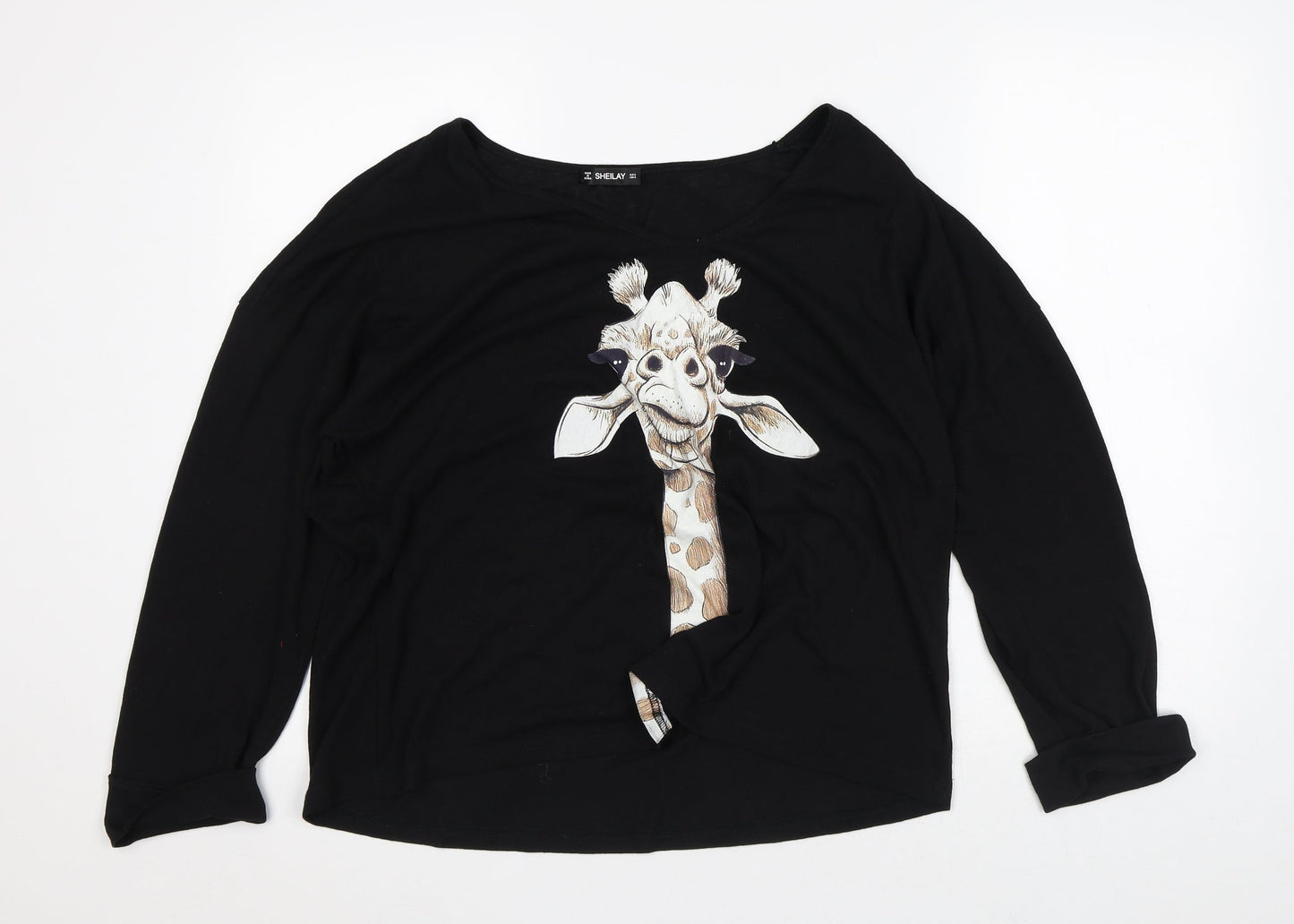 Sheilay Womens Black Polyester Basic T-Shirt Size S Round Neck - Giraffe