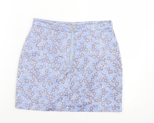 Exhibit Womens Blue Floral Polyester A-Line Skirt Size 8 Zip