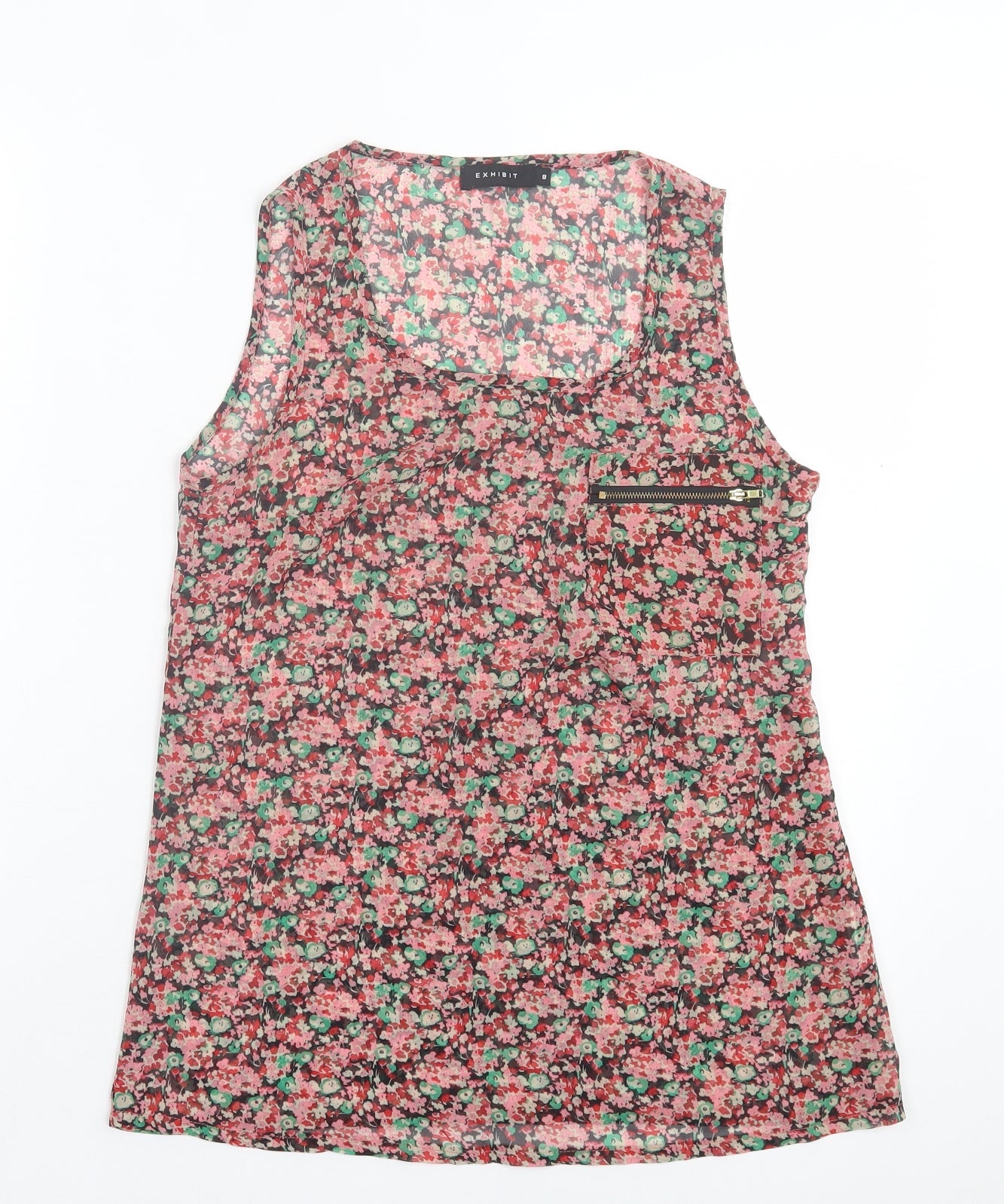 Exhibit Womens Red Floral Polyester Basic Tank Size 8 Crew Neck