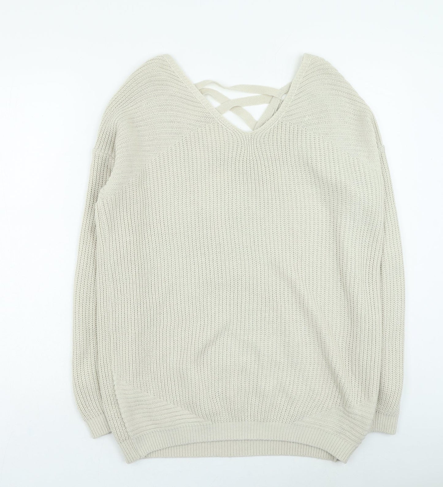 NEXT Womens Beige V-Neck Acrylic Pullover Jumper Size 8