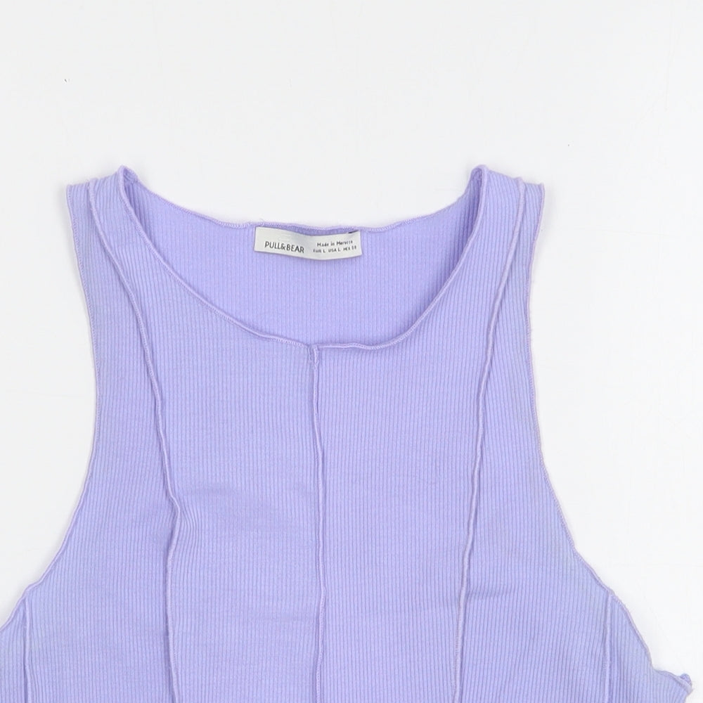 Pull&Bear Womens Purple Polyester Cropped Tank Size L Round Neck