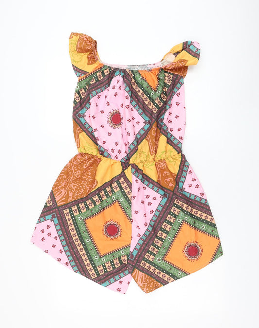 Preworn Womens Orange Geometric Polyester Playsuit One-Piece Size L Pullover