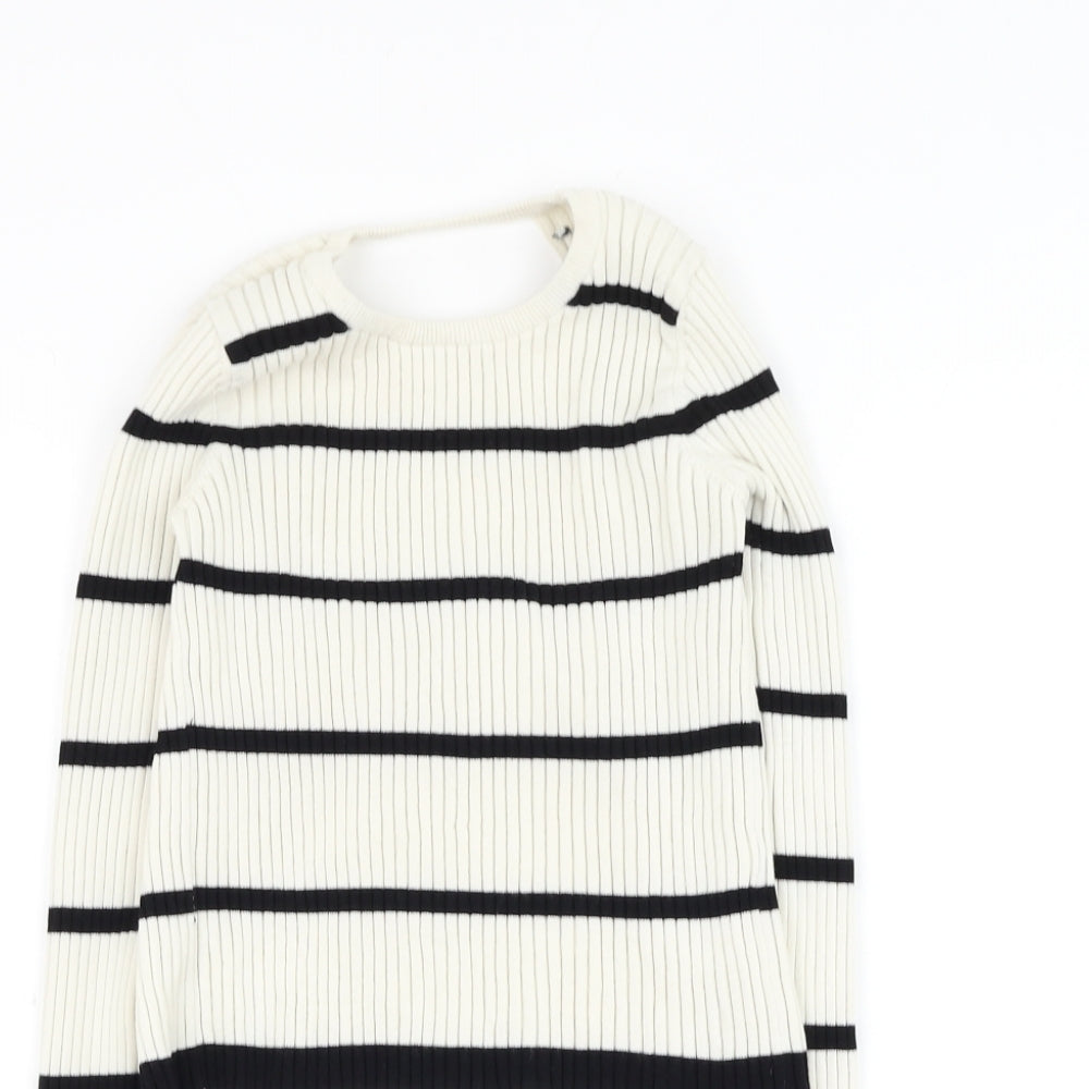 Preworn Womens White Round Neck Striped Polyester Pullover Jumper Size S - Open bac
