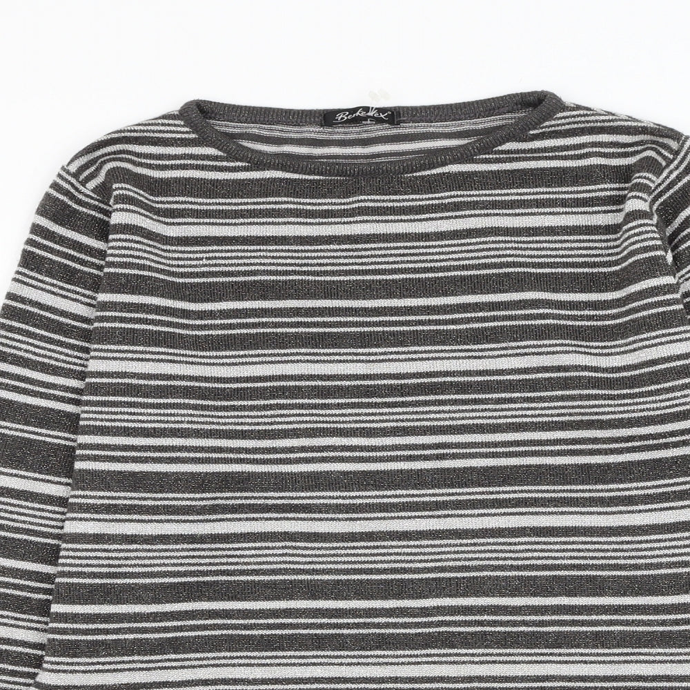 Berkertex Womens Silver Round Neck Striped Acrylic Pullover Jumper Size 10