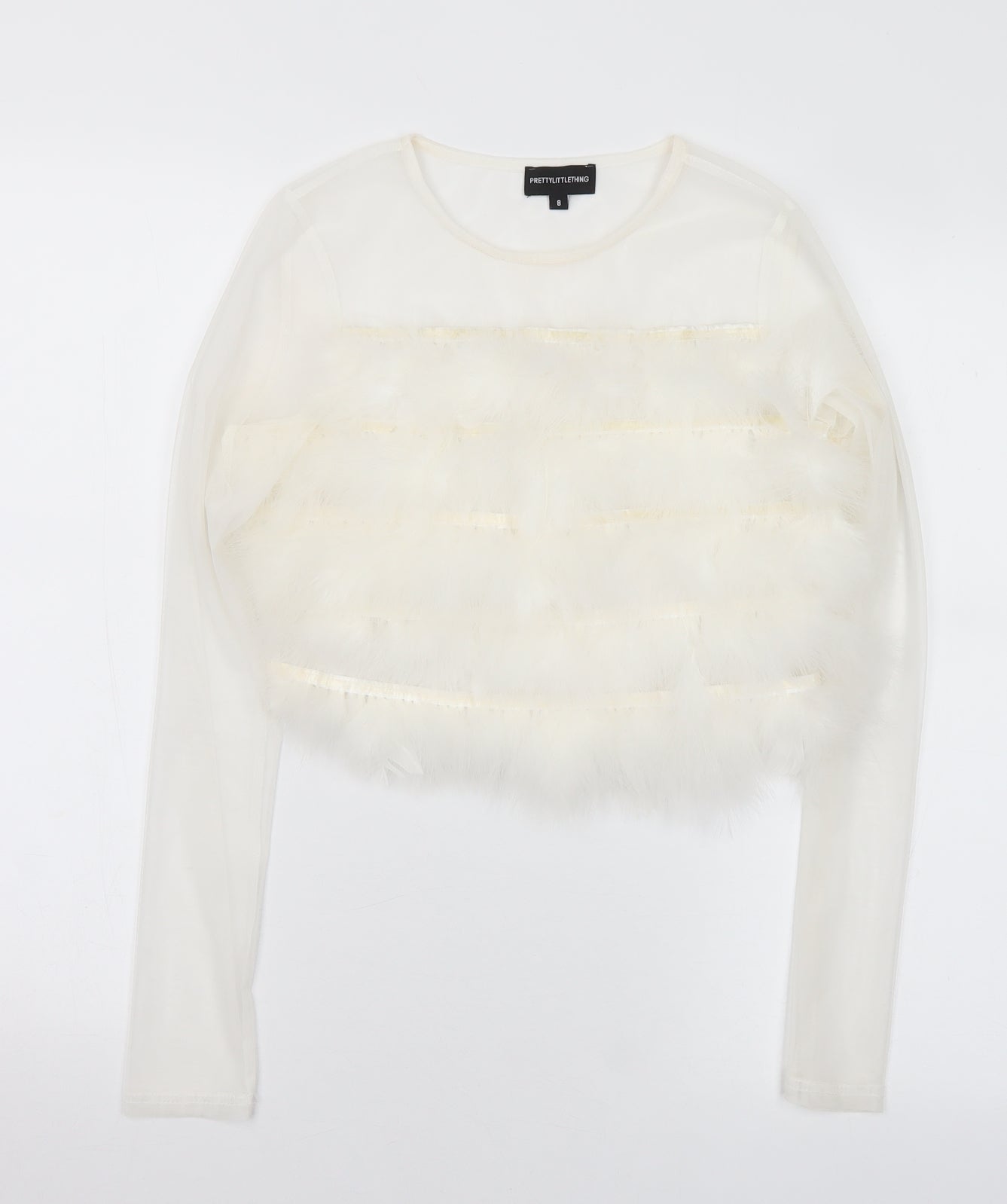 PRETTYLITTLETHING Womens White Polyester Cropped Blouse Size 8 Round Neck