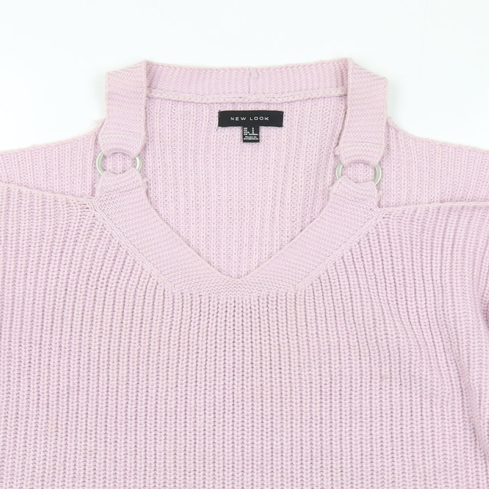New Look Womens Pink V-Neck Acrylic Pullover Jumper Size S - Cold shoulder